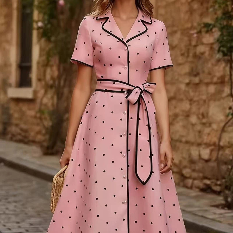 Vintage French Style Polka Dot V Neck Summer Dress Slim Waist Tie Belt Midi A-Line Flared Casual Outfit