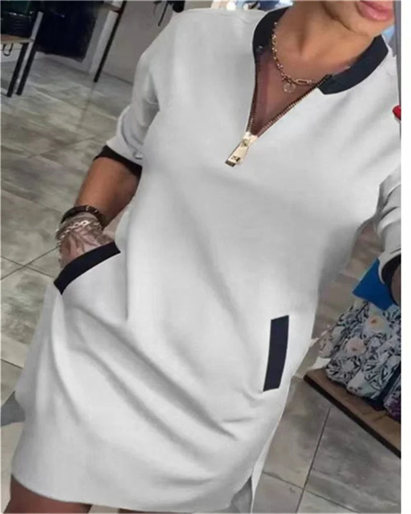 2024 Women's Dress V-neck Zipper Three-quarter Sleeve Elegant Casual Dress New Women's Leisure Suit