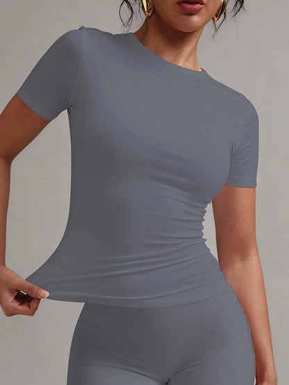 Women's White Solid Round Neck Short Sleeve Fitted T-Shirt for Summer Casual Wear