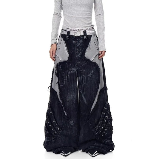 2026 New American  Jeans with Old Washing and Splicing Burrs Women Y2K Hip Hop Popular Casual Joker Wide-leg Pants