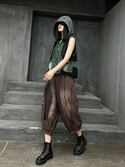Trendy Cool Thin Denim Jeans Patchwork Mesh Wide-leg Pants Women Summer Loose Fashion Pant LX5815