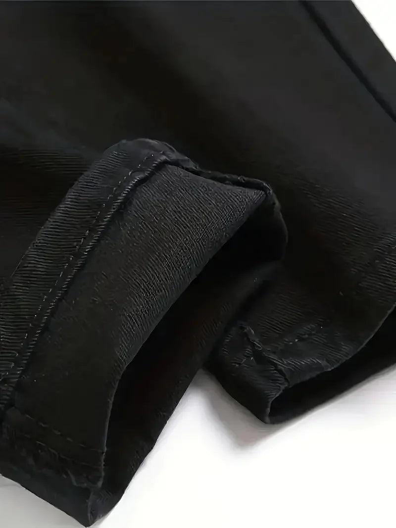 Men's Slim-Fit Ripped Jeans - Stylish Black Distressed Denim with Raw Hem,