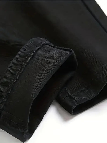 Men's Slim-Fit Ripped Jeans - Stylish Black Distressed Denim with Raw Hem,