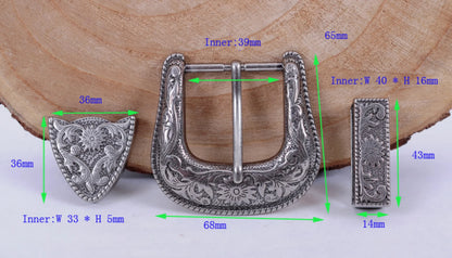 HEAVY DUTY COWBOY WESTERN FLORAL ENGRAVED ANTIQUE SILVER BELT BUCKLE SET 1-1/2"