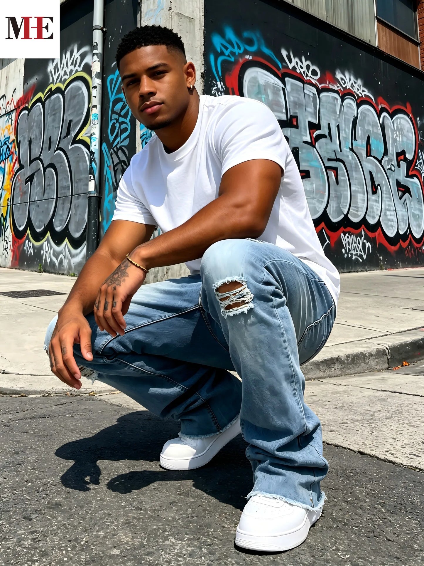 HME Men's Light Blue Denim Pants, Distressed Flared Jeans with Knee Rips & Frayed Hem for Streetwear