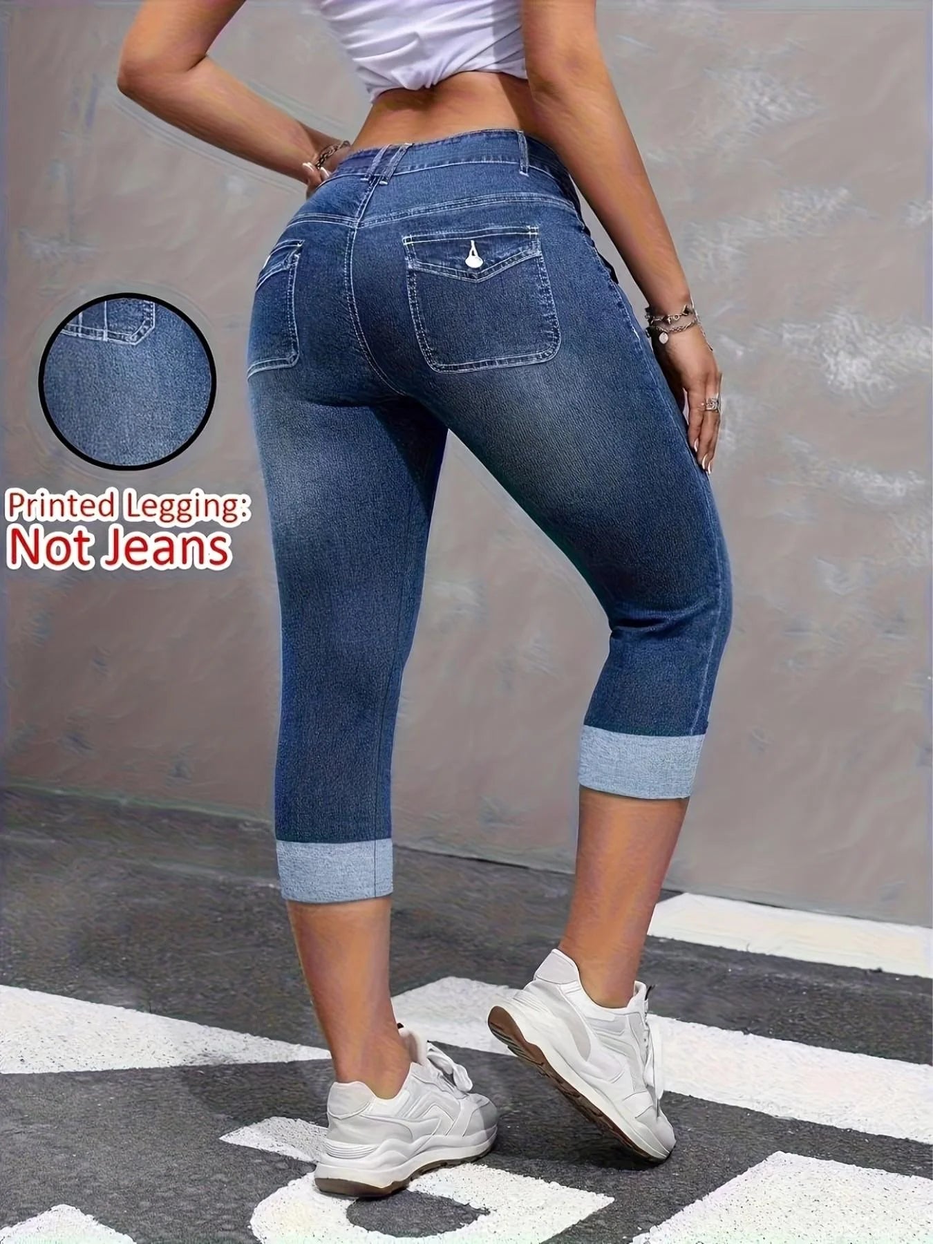 7188Women's faux denim printed capri leggings, non-denim casual skinny pants, thin breathable sports casual yoga pants