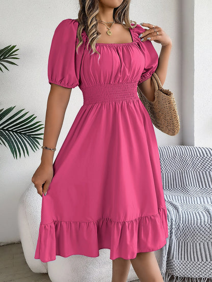 Spring Summer Elegant High Waisted Dress Square Neck Short Sleeved Ruffled Edge Long Dresses 2026 Valentine's Day Woman Clothing