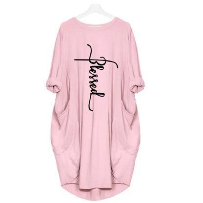 Plus Size Women Short Sleeve O-Neck Loose Casual Dresses Casual Short Sleeve Shirt Mini Dresses Round Neck Pockets Sexy Female T
