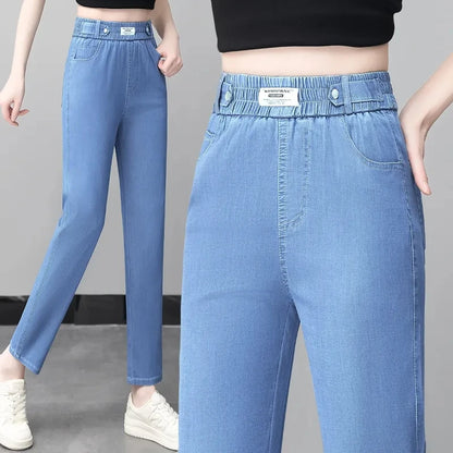 Ice Silk Jeans Women Summer Thin Blue Denim Trousers New Elastic High Waist Straight Extend Pantalons Female Ankle-Length Pants