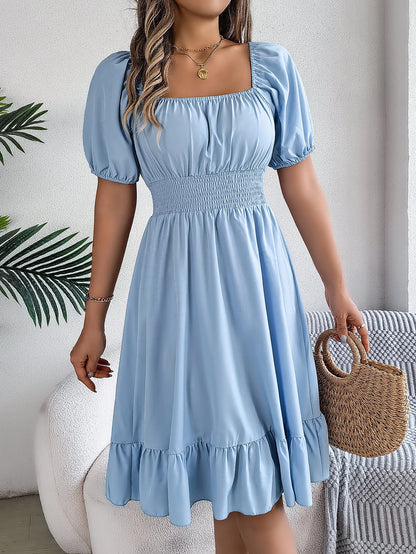Spring Summer Elegant High Waisted Dress Square Neck Short Sleeved Ruffled Edge Long Dresses 2026 Valentine's Day Woman Clothing
