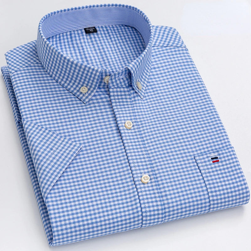 New Men's Social Shirt Short Sleeve 100% Pure Cotton Oxford Soft Buttoned Plaid Formal Male Clothes Pocket Social Shirt S-7XL