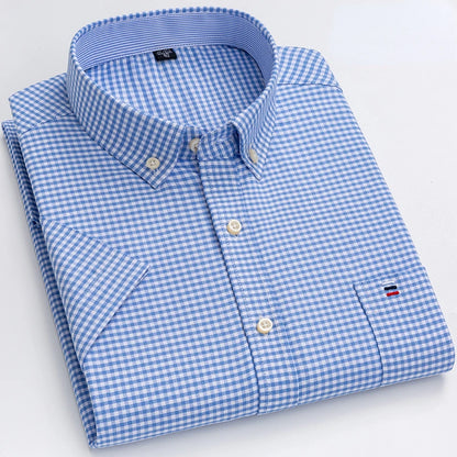 New Men's Social Shirt Short Sleeve 100% Pure Cotton Oxford Soft Buttoned Plaid Formal Male Clothes Pocket Social Shirt S-7XL