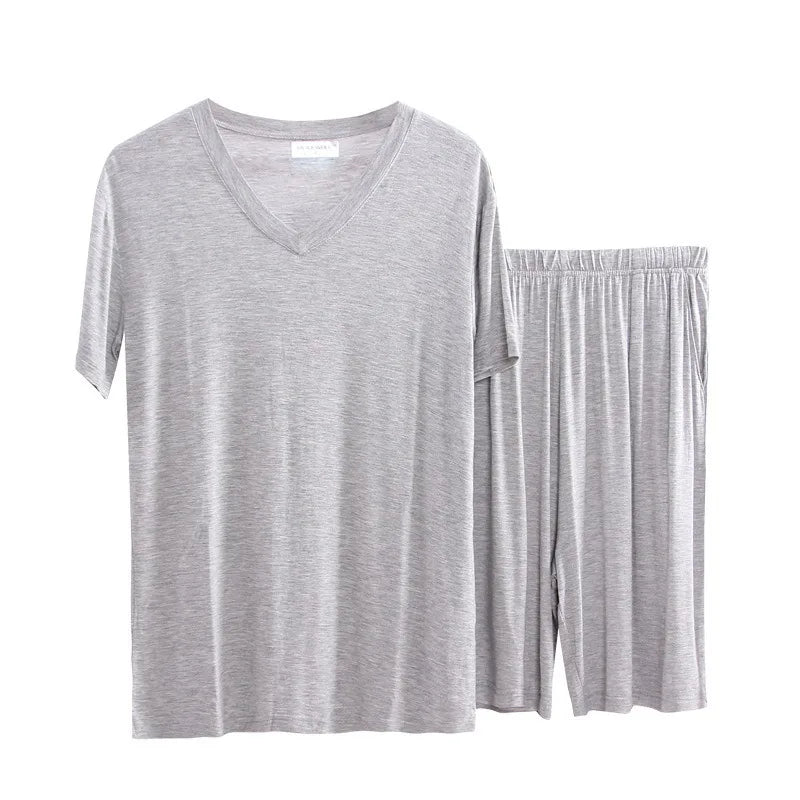 Summer Men's Modal Short Sleeve Shorts Set V-Neck Loose Fit Comfortable Sleepwear Home Clothes Mid-aged And Elderly Suitable