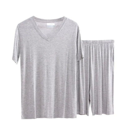 Summer Men's Modal Short Sleeve Shorts Set V-Neck Loose Fit Comfortable Sleepwear Home Clothes Mid-aged And Elderly Suitable