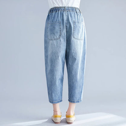 plus Size Women's Denim Jeans Seven-Foot Casual Thin Waed Harlan Wide Leg Pants Elastic Waist Versatile Summer Thin