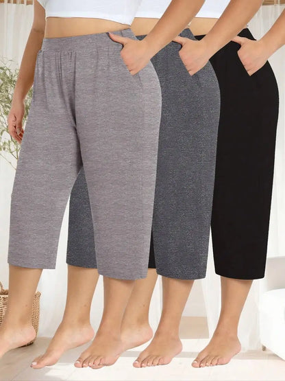 3 Pack Women's Plus Size Capri Sweatpants - Loose Cropped Yoga Lounge Pajama Pants With Pockets For Summer Light Gray + Dark