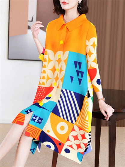 Miyake Pleated Dress Women 2024 Spring New High-End Design Sense Printing Lapel 3/4 Sleeve Single-breasted Fashion Shirt Dresses