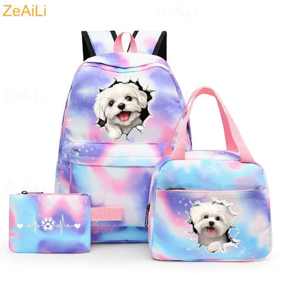 3pcs White Puppy Maltese Dog Colorful Backpack with Lunch Bag for Women Student Teenagers Rucksack Casual School Bags Sets