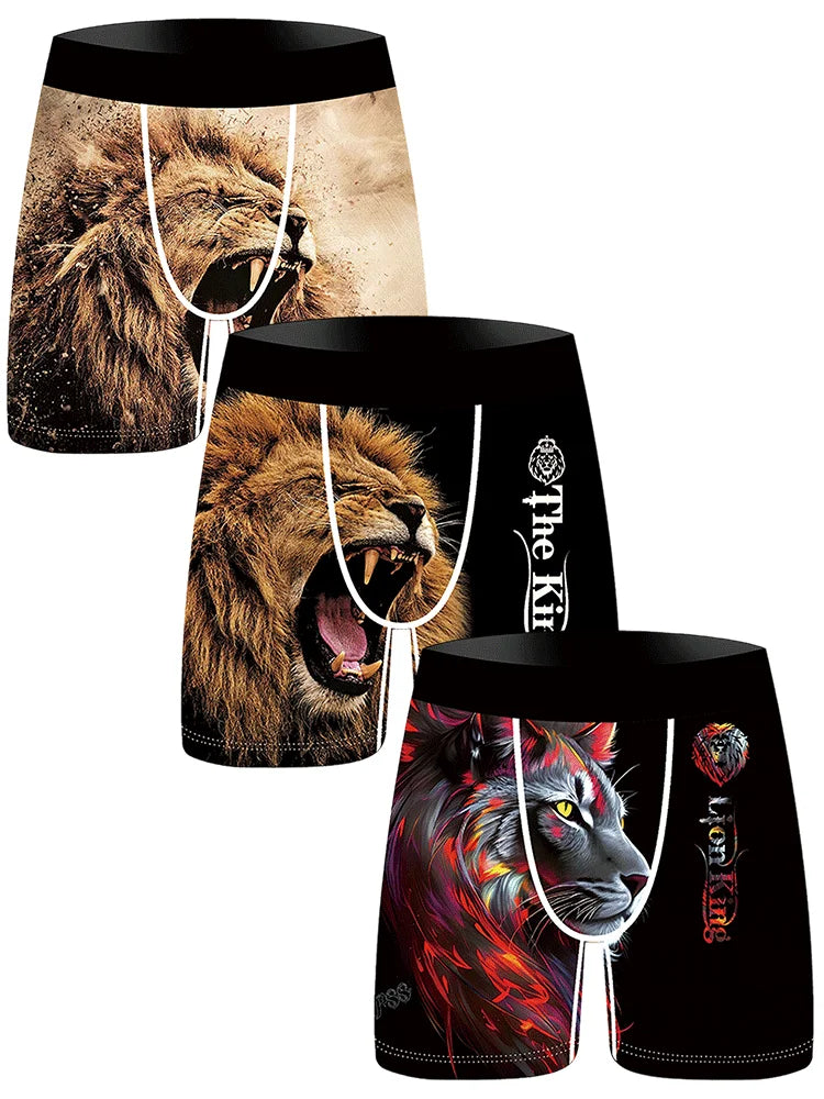 3Pcs Lion Wolf Print Men Underwear Boxers Men's Novelty Underpants