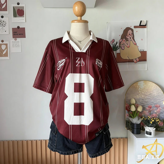 Summer Women's New No.8 Oversized Short sleeved T-shirt Street Y2K Fashion Leisure Sports Jersey Men Letter Printed Polo Shirt
