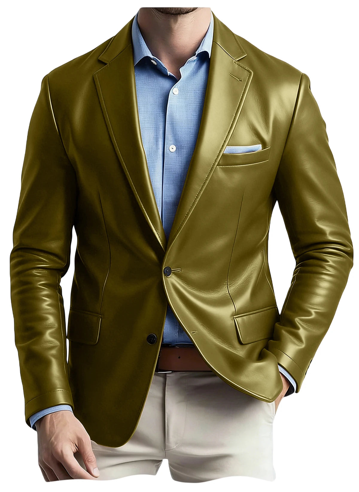 Men's Faux Leather Blazer Notch Lapel Flap Pockets Slim Fit Suit Jacket Coats For Casual Business Wedding Party