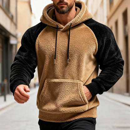Winter Men Fleece Hooded Sweatshirt Long Sleeve Match Colors Shoulder Cuff Hoodies Trendy Big Size Light Weight Outerwear M-2XL