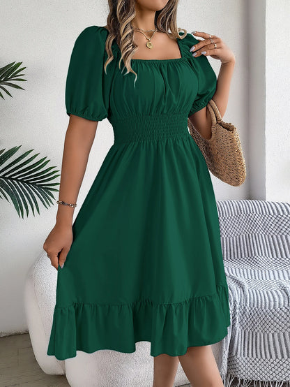 Spring Summer Elegant High Waisted Dress Square Neck Short Sleeved Ruffled Edge Long Dresses 2026 Valentine's Day Woman Clothing