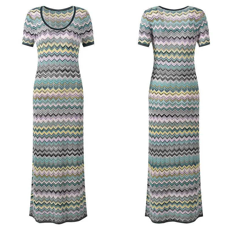 ZJYT Summer New 2026 Fashion Women's Midi Knitted Sweater Dresses Elegant Short Sleeve Striped Casual Holiday Beach Dress Ladies