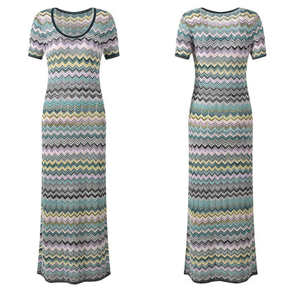 ZJYT Summer New 2026 Fashion Women's Midi Knitted Sweater Dresses Elegant Short Sleeve Striped Casual Holiday Beach Dress Ladies