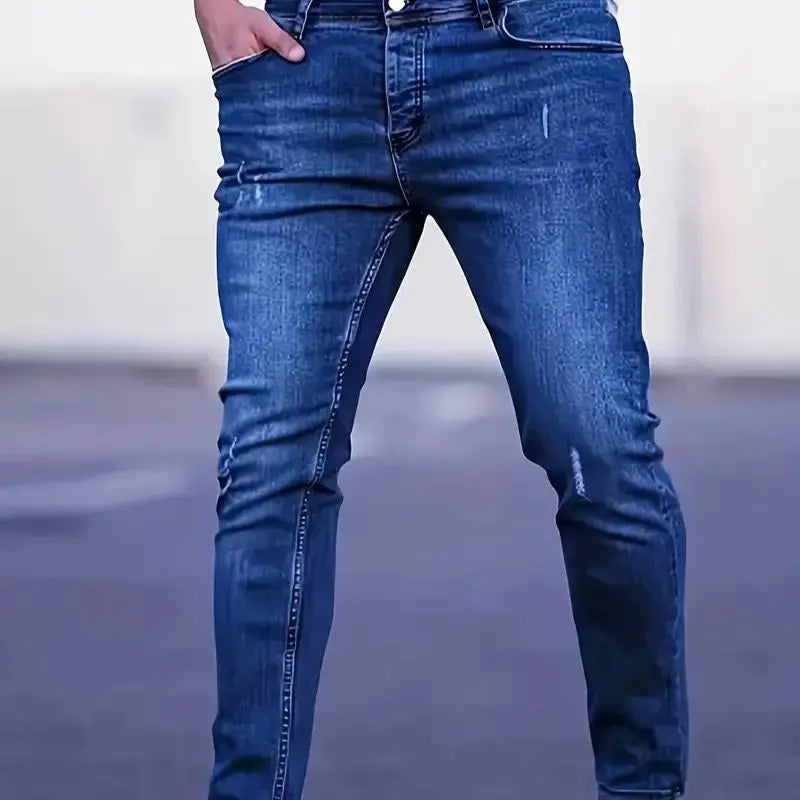 Men's Slim Fit Stretch Denim Jeans with Ripped Detail & Contrast Stitching,