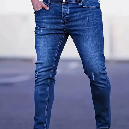 Men's Slim Fit Stretch Denim Jeans with Ripped Detail & Contrast Stitching,