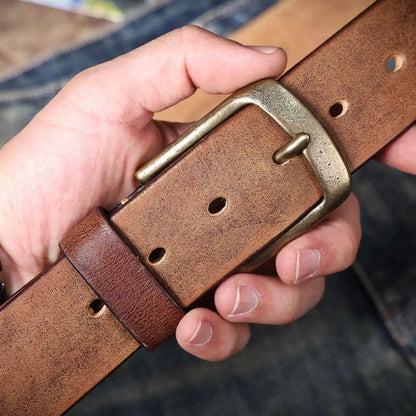 Vintage Genuine Leather Men's Belt With Solid Brass Buckle, Casual Pin Buckle Belt With Gift Box, Thickened Italian Cowhide