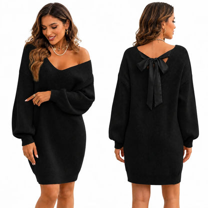 Women V‑Neck Oversized Knit Sweater Dress, Back Satin Bow Tie‑Back Long Puff Sleeve Loose Mini Knit Dress for Fall Party Daily Going‑Out Outfit