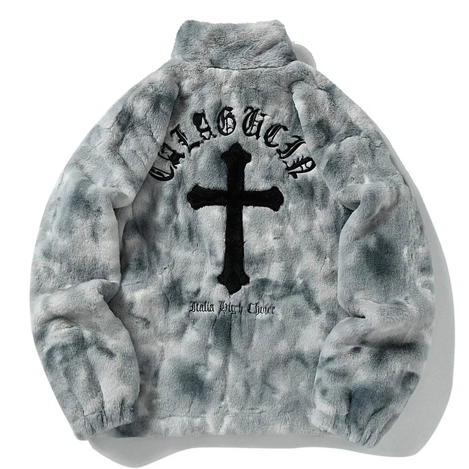Streetwear Vintage Fleece Jacket Cross Embroidery Oversized Casual Fluffy Fuzzy Zipper Coat Harajuku Hip Hop Men Jackets 2023