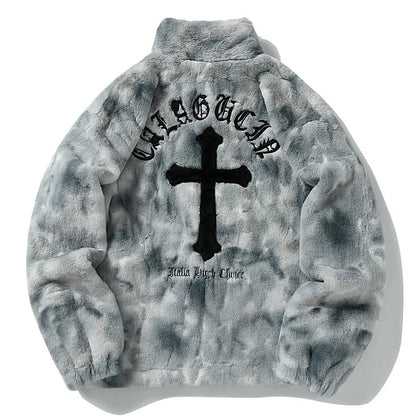 Streetwear Vintage Fleece Jacket Cross Embroidery Oversized Casual Fluffy Fuzzy Zipper Coat Harajuku Hip Hop Men Jackets 2023