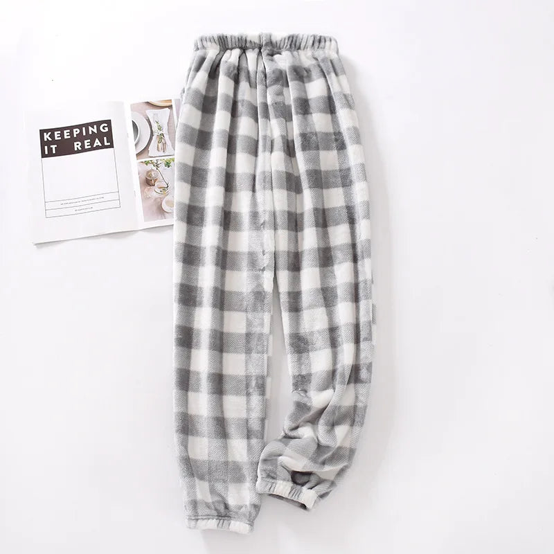 Autumn and Winter Super Warm Thickening Flannel Men's Plaid Pants Black Grey Colors Matching Men Pajamas Trousers