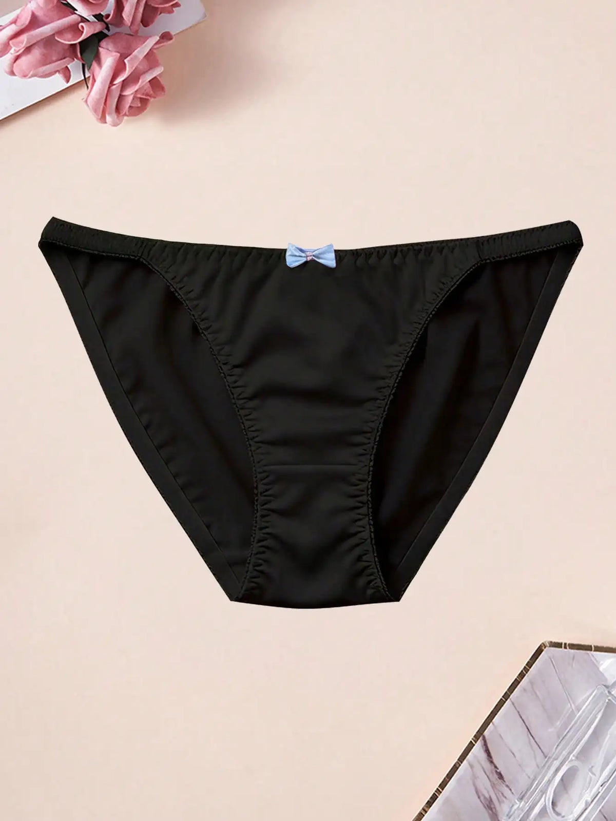 4pcs women's sweet bow low waist triangle underwear, soft and comfortable solid color women's daily bikini underwear,