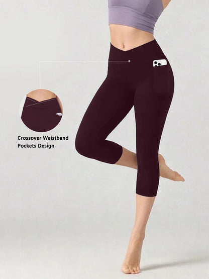 Women's Super Soft Crossover High Waisted Capri Pants With Pockets Tummy Control No See Through Workout Yoga Running Leggings