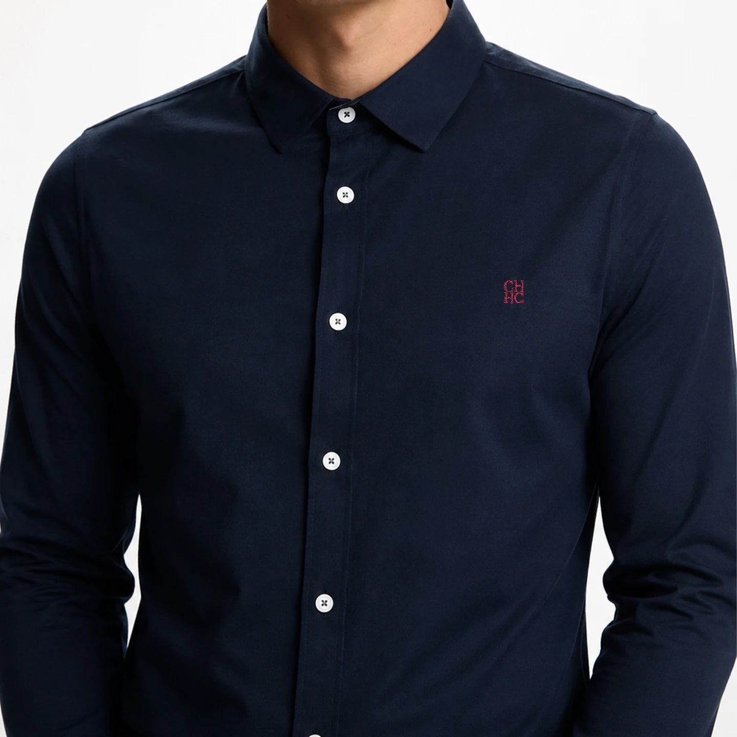 CH Solid Color Embroidered Long Sleeve Shirt Men Business Casual Button Down Collar Slim Fit Office Tops