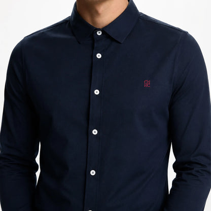 CH Solid Color Embroidered Long Sleeve Shirt Men Business Casual Button Down Collar Slim Fit Office Tops