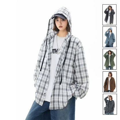 Mens Unisex Oversized Hooded Flannel Style Plaid Shirt Jacket Long Sleeve Button Down Casual Lightweight Jacket for Spring Fall