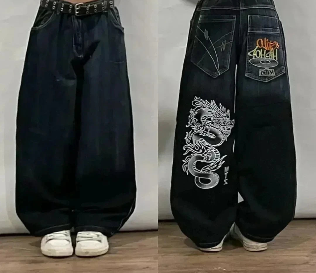 Street Fashion Trend Skull Embroidered Jeans Women Straight Wide-leg Pants Couple Casual Jeans