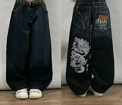 Street Fashion Trend Skull Embroidered Jeans Women Straight Wide-leg Pants Couple Casual Jeans