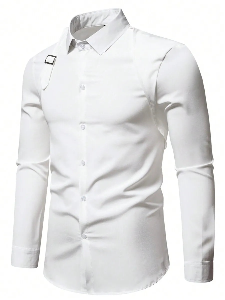 Men's Solid White Long Sleeve Button-Up Shirt Casual Business Style