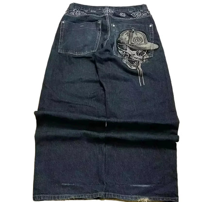 Street Fashion Trend Skull Embroidered Jeans Women Straight Wide-leg Pants Couple Casual Jeans