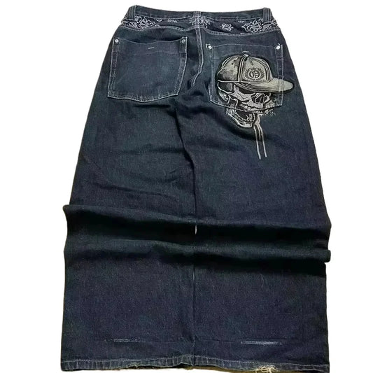 Street Fashion Trend Skull Embroidered Jeans Women Straight Wide-leg Pants Couple Casual Jeans