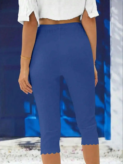 Women's Casual Elastic Capri Leggings, Solid Color Knit Polyester with Asymmetric Hem and Stretchy Waist,