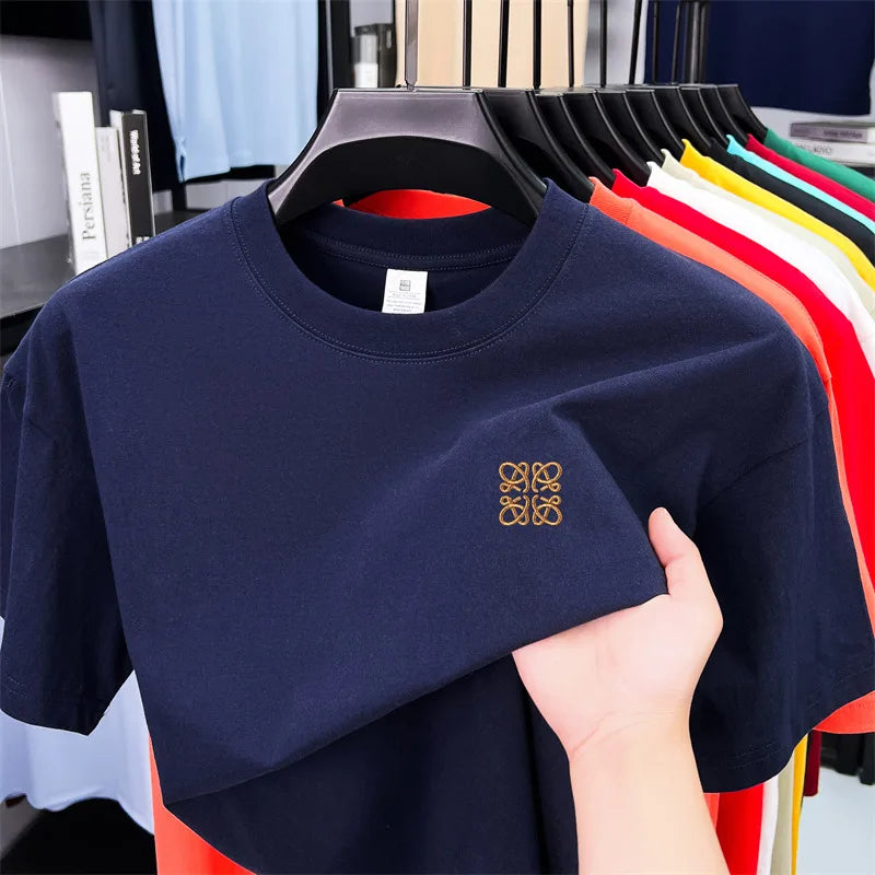 Summer Luxury 100_cotton Man Short-Sleeved T-Shirt Round Neck Delicate Embroidery Absorb Sweat Ventilate Leisure Men's Clothing