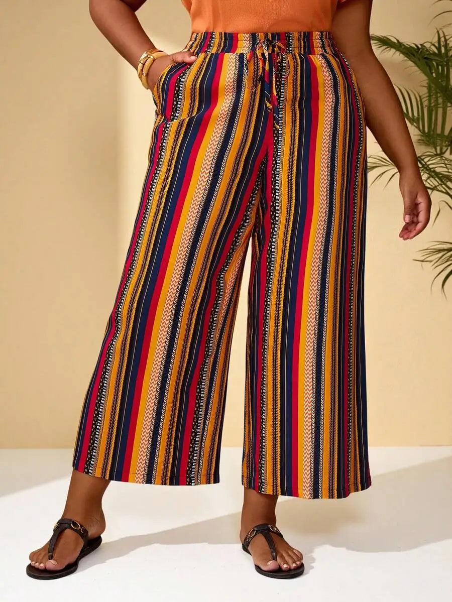 Plus Size Women's Solid Color Drawstring Wide Leg Loose Casual Summer Outfits Pants
