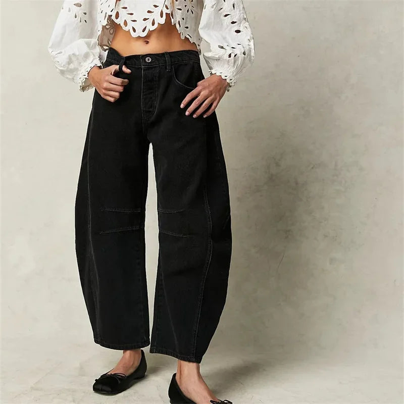 Women Vintage American Style Denim Jeans New Knee Splicing Design Straight Pants Female Commuter Casual Loose Mid Waist Trousers